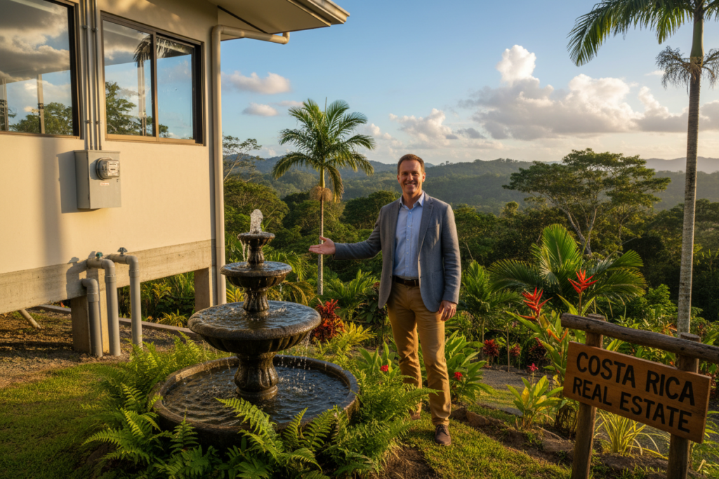 A vibrant scene depicting a professional Caucasian male staff member in business casual attire, standing in front of a modern Costa Rican real estate property. In the foreground, a well-maintained water source such as a fountain emphasizes the importance of water access. The middle ground showcases the property with lush tropical landscaping, emphasizing utility connections like electricity meters and water pipes clearly visible. In the background, the stunning Costa Rican landscape features rolling hills and a clear blue sky, bathed in warm sunlight, creating an inviting atmosphere. Utilize a warm color palette to convey a sense of trust and reliability. The angle should be slightly elevated, capturing both the property and the natural surroundings effectively. Incorporate the brand name "Costa Rica Real Estate" subtly in the environment, enhancing context without distraction.