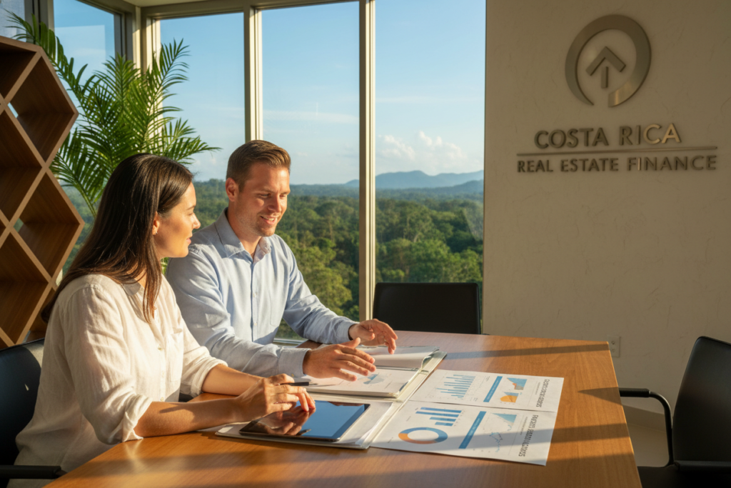 A bright and inviting office setting showcasing a non-bank financial institution focused on real estate investment options in Costa Rica. In the foreground, a Caucasian male financial advisor, dressed in business casual attire (polo/button-down shirt), is engaging with a potential client over a table with documents and charts depicting various financing options. The middle ground features a large window revealing a lush Costa Rican landscape, symbolizing investment opportunities. The background includes a modern, stylish office with greenery and a Costa Rica Real Estate logo on the wall. Natural light floods the room, creating a warm and optimistic atmosphere that conveys trust and professionalism. Capture the scene from a slightly angled perspective to highlight interaction and focus on the documents.