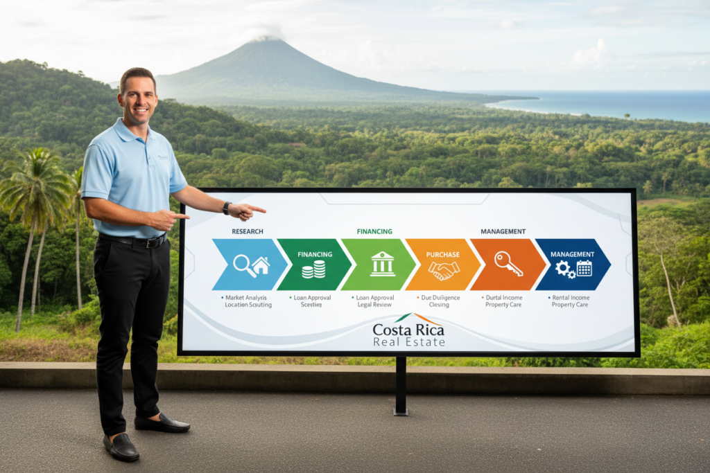 A detailed infographic depicting realistic property investment timelines specifically for Costa Rica. In the foreground, a Caucasian male staff member in a business casual polo shirt stands confidently, pointing towards a visual timeline displayed on a modern digital screen. The middle layer showcases a vibrant timeline segmented into different phases of investment, highlighted with colorful icons representing research, financing, purchase, and management. In the background, a serene Costa Rican landscape unfolds, featuring lush greenery and a hint of ocean, creating a tranquil and inviting atmosphere. Soft, natural lighting bathes the scene, emphasizing professionalism and clarity. The brand name "Costa Rica Real Estate" subtly integrated within the timeline design, ensuring a cohesive look without any text overlays or distractions. A detailed infographic depicting realistic property investment timelines specifically for Costa Rica. In the foreground, a Caucasian male staff member in a business casual polo shirt stands confidently, pointing towards a visual timeline displayed on a modern digital screen. The middle layer showcases a vibrant timeline segmented into different phases of investment, highlighted with colorful icons representing research, financing, purchase, and management. In the background, a serene Costa Rican landscape unfolds, featuring lush greenery and a hint of ocean, creating a tranquil and inviting atmosphere. Soft, natural lighting bathes the scene, emphasizing professionalism and clarity. The brand name "Costa Rica Real Estate" subtly integrated within the timeline design, ensuring a cohesive look without any text overlays or distractions.