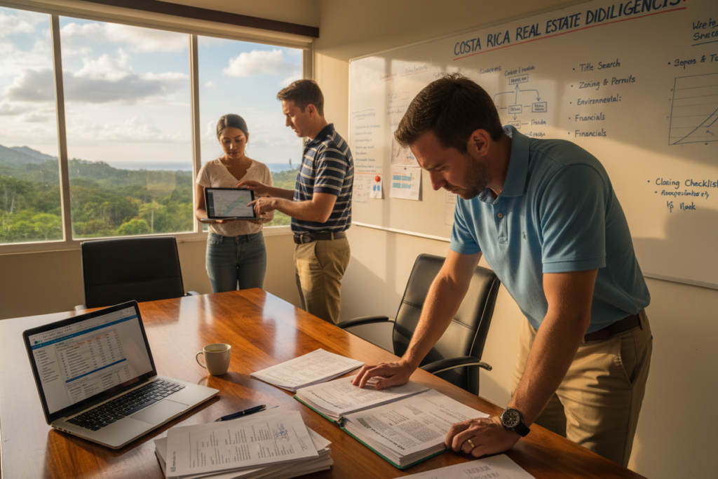 A detailed scene illustrating the due diligence and closing process for real estate in Costa Rica. In the foreground, a focused Caucasian male professional in a business casual polo is reviewing property documents on a sleek wooden table, featuring a laptop displaying a financial dashboard. The middle ground shows another Caucasian male colleague, also in business casual attire, discussing data with a digital tablet, with Costa Rica’s lush landscapes visible through a large window. In the background, a whiteboard is filled with notes and graphs about “Costa Rica Real Estate.” The atmosphere is collaborative and intense, with warm, natural lighting flooding the room. The angle captures a dynamic workspace, emphasizing professionalism and attention to detail.