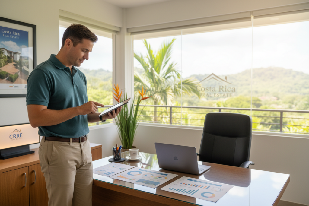 A modern, inviting real estate office in Costa Rica, focusing on effective pricing strategies. In the foreground, a professional-looking Caucasian male staff member dressed in business casual attire, such as a polo shirt and khakis, engages with a digital tablet showcasing real estate listings. The middle ground features a sleek desk with a laptop open, charts, and graphs displaying pricing strategies. In the background, large windows provide a panoramic view of Costa Rica's lush landscape, sunlight streaming in to create a warm, welcoming atmosphere. The overall mood is optimistic and professional, emphasizing the success of selling homes quickly. "Costa Rica Real Estate" branding subtly integrated into the office environment. Soft, natural lighting enhances the vibrant colors of the space, highlighting the warmth and friendliness of the surroundings. A modern, inviting real estate office in Costa Rica, focusing on effective pricing strategies. In the foreground, a professional-looking Caucasian male staff member dressed in business casual attire, such as a polo shirt and khakis, engages with a digital tablet showcasing real estate listings. The middle ground features a sleek desk with a laptop open, charts, and graphs displaying pricing strategies. In the background, large windows provide a panoramic view of Costa Rica's lush landscape, sunlight streaming in to create a warm, welcoming atmosphere. The overall mood is optimistic and professional, emphasizing the success of selling homes quickly. "Costa Rica Real Estate" branding subtly integrated into the office environment. Soft, natural lighting enhances the vibrant colors of the space, highlighting the warmth and friendliness of the surroundings.
