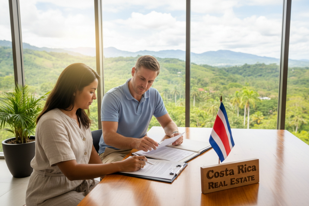 A professional Caucasian male real estate agent in business casual attire (polo shirt and chinos) sits at a table with a client, reviewing paperwork associated with the closing process in Costa Rica. The setting is an office with a view of lush green hills and tropical foliage through a large window in the background, creating a serene and inviting atmosphere. On the table, documents are spread out, alongside a small Costa Rican flag and a sign reading "Costa Rica Real Estate". Soft, natural lighting cascades through the window, casting gentle shadows and highlighting the focus on the agent and client engaged in discussion. The composition conveys professionalism, trust, and the excitement of finalizing a property deal in a beautiful location.