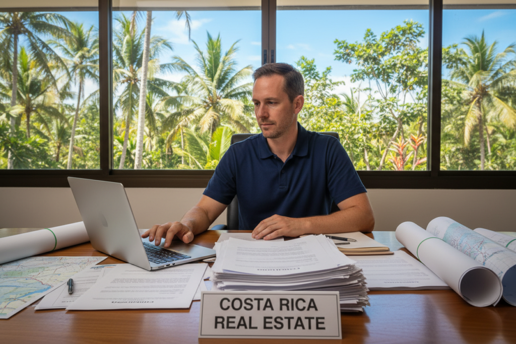 A professional Caucasian male sitting at a sleek wooden table, engaged in a real estate closing coordination meeting, dressed in a business casual polo shirt. He is reviewing documents and using a laptop, surrounded by property contracts and maps of Costa Rica. In the foreground, a well-organized stack of paperwork labeled "Costa Rica Real Estate." In the middle, a window reveals a lush tropical landscape with palm trees and a clear blue sky. The background features soft natural light streaming in, creating a calm and professional atmosphere, emphasizing focus and expertise. The camera angle captures the scene from a slightly elevated perspective, ensuring a clear view of the subject and workspace, while maintaining a warm and inviting ambiance.