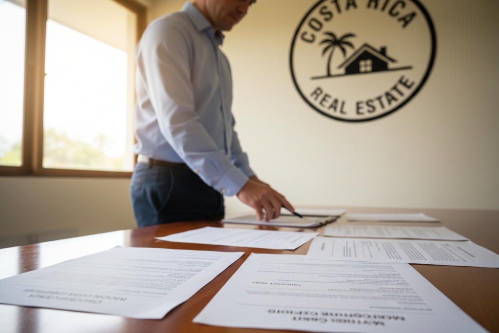 A professional-looking Caucasian male in business casual attire, wearing a light blue button-down shirt and dark trousers, stands at a wooden desk covered with mortgage documentation in a bright office setting. The documents are neatly organized, showing titles like "Mortgage Application" and "Property Appraisal." In the background, a wall features the brand logo "Costa Rica Real Estate" prominently displayed. Soft natural light streams through a large window, casting a warm glow on the workspace. The mood is focused and organized, emphasizing diligence in preparing for mortgage approval. The image captures a close-up perspective, highlighting the documentation while the male figure is partially in frame, suggesting a proactive approach to navigating real estate financing in Costa Rica.