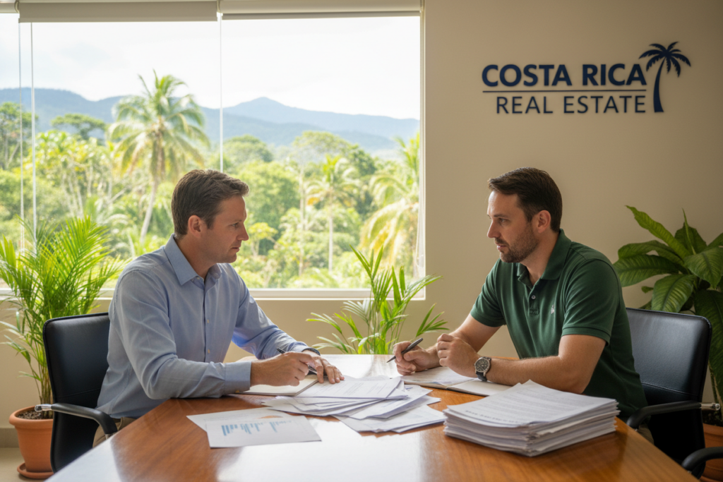 A professional office environment in Costa Rica, showcasing a Caucasian male mortgage broker and a Caucasian male private loan advisor engaged in a discussion. In the foreground, both men are wearing business casual attire, such as polo shirts or button-down shirts, seated at a modern conference table with financial graphs and documents spread out between them. The middle section features a large window with sunlight streaming in, highlighting a tropical landscape outside, hinting at Costa Rica's natural beauty. The background includes a wall with the brand name "Costa Rica Real Estate" prominently displayed. The mood is collaborative and focused, reflecting a serious yet inviting atmosphere for evaluating financing methods with an emphasis on bank loans versus private loans. Soft, natural lighting enhances the professionalism of the scene.