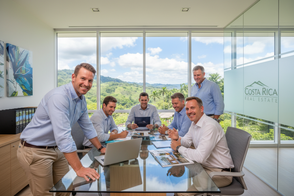 A professional team of Caucasian male real estate agents is gathered in a sleek, modern office setting, showcasing a strong and knowledgeable presence. In the foreground, two smiling team members are engaged in a discussion over a laptop, dressed in smart business casual attire—button-down shirts and chinos, without jackets or ties. In the middle, a large conference table is visible, surrounded by open folders and property brochures, exuding an atmosphere of collaboration and expertise. The background features large windows revealing a lush Costa Rican landscape, with green hills and blue skies, suggesting the local real estate market. Bright, natural light floods the space, enhancing the inviting and professional mood. The brand "Costa Rica Real Estate" is subtly integrated into the decor, reflecting the focus on real estate in Costa Rica.