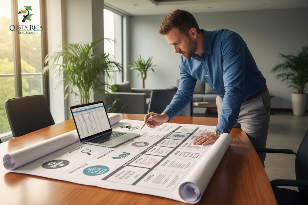 A realistic representation of property acquisition timelines, showcasing a detailed timeline chart laid out on a wooden conference table. The foreground features a Caucasian male in business casual attire, thoughtfully reviewing the timeline with a laptop open beside him. The middle section displays clear markers and stages in the acquisition process, including research, negotiation, and closing, with visual cues for each phase. The background contains a subtle, modern office environment, illuminated by warm, natural light streaming through large windows, creating an inviting atmosphere. The focal point emphasizes professionalism and clarity, with elements of the Costa Rica Real Estate brand incorporated subtly into the design. The overall mood is one of optimism and strategic planning, ideal for investment discussions. A realistic representation of property acquisition timelines, showcasing a detailed timeline chart laid out on a wooden conference table. The foreground features a Caucasian male in business casual attire, thoughtfully reviewing the timeline with a laptop open beside him. The middle section displays clear markers and stages in the acquisition process, including research, negotiation, and closing, with visual cues for each phase. The background contains a subtle, modern office environment, illuminated by warm, natural light streaming through large windows, creating an inviting atmosphere. The focal point emphasizes professionalism and clarity, with elements of the Costa Rica Real Estate brand incorporated subtly into the design. The overall mood is one of optimism and strategic planning, ideal for investment discussions.