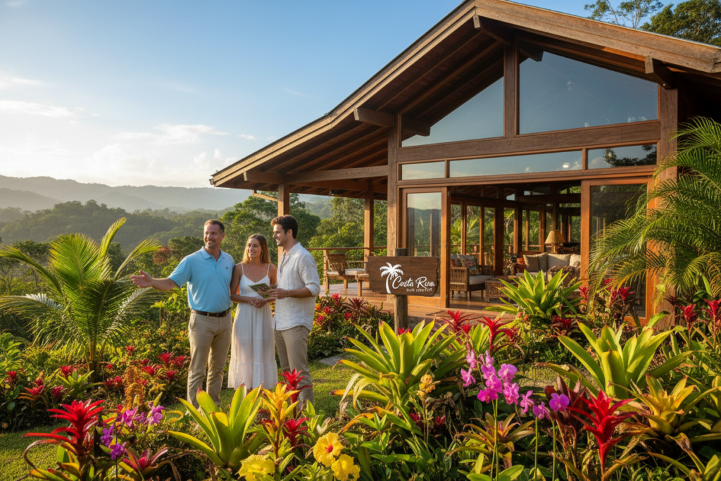 A scenic property tour in Costa Rica featuring a Caucasian male real estate agent in business casual attire, such as a polo shirt and khakis, interacting with a couple of interested buyers. The foreground displays lush tropical greenery and vibrant flowers, highlighting the natural beauty of the landscape. In the middle ground, the agent is gesturing towards a charming home with a rustic yet modern design, showcasing large windows and a welcoming porch. The background reveals rolling hills and a clear, sunny sky, conveying a warm, inviting atmosphere. Soft, natural lighting bathes the scene, enhancing the vibrant colors. The logo "Costa Rica Real Estate" subtly integrated into the scene, emphasizing the brandâs identity in this idyllic setting of property tours. A scenic property tour in Costa Rica featuring a Caucasian male real estate agent in business casual attire, such as a polo shirt and khakis, interacting with a couple of interested buyers. The foreground displays lush tropical greenery and vibrant flowers, highlighting the natural beauty of the landscape. In the middle ground, the agent is gesturing towards a charming home with a rustic yet modern design, showcasing large windows and a welcoming porch. The background reveals rolling hills and a clear, sunny sky, conveying a warm, inviting atmosphere. Soft, natural lighting bathes the scene, enhancing the vibrant colors. The logo "Costa Rica Real Estate" subtly integrated into the scene, emphasizing the brandâs identity in this idyllic setting of property tours.