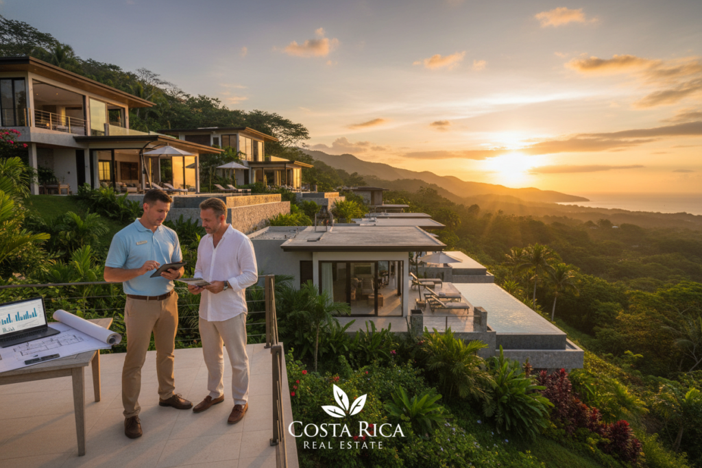 A scenic view of luxury real estate in Costa Rica, showcasing stunning villas surrounded by lush tropical greenery. In the foreground, a Caucasian male staff member dressed in business casual attire, either a polo or button-down shirt, is engaged in a discussion with a potential investor about financing options. The middle ground features beautiful properties with modern architecture, large windows, and outdoor spaces with swimming pools. The background captures a vibrant sunset, casting a warm glow over the landscape, highlighting the beauty of Costa Rica. Use soft, natural lighting to create a welcoming atmosphere. The brand name "Costa Rica Real Estate" subtly integrated into the scene, maintaining focus on the properties and the interaction without any text overlays or watermarks.