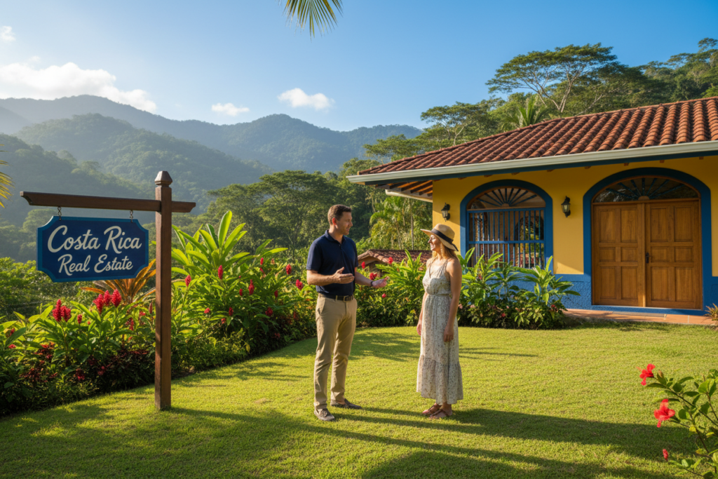 A serene scene depicting a Caucasian male real estate agent, dressed in smart business casual attire (polo shirt and khakis), engaged in a discussion with a potential homebuyer in front of a picturesque Costa Rican property. The foreground features a neatly manicured lawn with tropical flowers and plants. In the middle ground, a charming, traditional Costa Rican house showcases vibrant colors, large windows, and a terracotta roof. The background highlights lush, green mountain landscapes under a bright, sunny sky, emphasizing the region's natural beauty. Soft, warm lighting casts gentle shadows, creating a welcoming atmosphere. The brand "Costa Rica Real Estate" is subtly included on the real estate signpost, seamlessly blending into the scene.