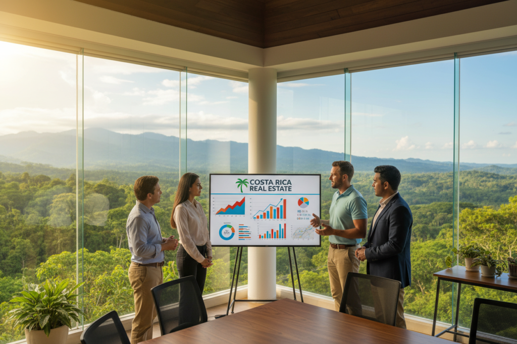 A serene, sunlit office space overlooking lush green landscapes typical of Costa Rica, highlighting the theme of investor education. In the foreground, a Caucasian male staff member dressed in business casual attire, such as a polo shirt and button-downs, is engaged in a discussion with a diverse group of potential investors. The middle ground features a large interactive whiteboard with charts and graphs illustrating real estate opportunities. The background displays panoramic windows with views of tropical foliage and mountains under a clear blue sky, enhancing the atmosphere of optimism and growth. Soft, natural lighting floods the space, creating an inviting and professional ambiance. The scene prominently features the logo of "Costa Rica Real Estate" on the whiteboard, symbolizing the educational aspect of GAP Real Estate's investment approach. A serene, sunlit office space overlooking lush green landscapes typical of Costa Rica, highlighting the theme of investor education. In the foreground, a Caucasian male staff member dressed in business casual attire, such as a polo shirt and button-downs, is engaged in a discussion with a diverse group of potential investors. The middle ground features a large interactive whiteboard with charts and graphs illustrating real estate opportunities. The background displays panoramic windows with views of tropical foliage and mountains under a clear blue sky, enhancing the atmosphere of optimism and growth. Soft, natural lighting floods the space, creating an inviting and professional ambiance. The scene prominently features the logo of "Costa Rica Real Estate" on the whiteboard, symbolizing the educational aspect of GAP Real Estate's investment approach.