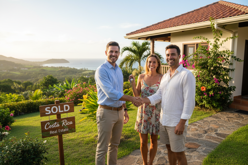 A vibrant scene depicting a successful real estate transaction in Costa Rica. In the foreground, a Caucasian male real estate agent in business casual attire, smiling confidently, shakes hands with a happy couple in modest casual clothing, standing in front of a charming tropical home adorned with lush greenery and vibrant flowers. The middle ground features a well-maintained property with a "Sold" sign prominently displayed and the brand name "Costa Rica Real Estate" visible. The background showcases a picturesque view of rolling hills and bright blue skies, casting warm sunlight over the scene, evoking a sense of accomplishment and optimism. The atmosphere is welcoming and professional, emphasizing a successful deal in a serene tropical environment.