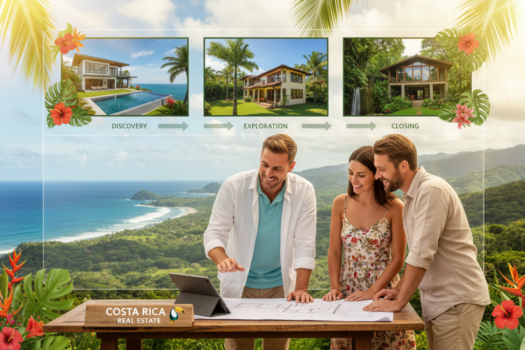 A vibrant scene depicting the buyer's journey in Costa Rica real estate. In the foreground, a Caucasian male consultant in business casual attire (polo and button-down shirt) is engaging with a couple, illustrating a sense of guidance and trust. The middle ground features visuals of property sites, showcasing distinct Costa Rican architecture amidst lush tropical landscapes, with diverse plant life and vibrant colors. In the background, a picturesque view of mountains and coastline underscores the allure of the region. Soft, warm sunlight filters through, creating an inviting and optimistic atmosphere. The branding "Costa Rica Real Estate" subtly integrated into the scene, enhancing the focus on this exceptional journey from initial discovery to final closing. A vibrant scene depicting the buyer's journey in Costa Rica real estate. In the foreground, a Caucasian male consultant in business casual attire (polo and button-down shirt) is engaging with a couple, illustrating a sense of guidance and trust. The middle ground features visuals of property sites, showcasing distinct Costa Rican architecture amidst lush tropical landscapes, with diverse plant life and vibrant colors. In the background, a picturesque view of mountains and coastline underscores the allure of the region. Soft, warm sunlight filters through, creating an inviting and optimistic atmosphere. The branding "Costa Rica Real Estate" subtly integrated into the scene, enhancing the focus on this exceptional journey from initial discovery to final closing.