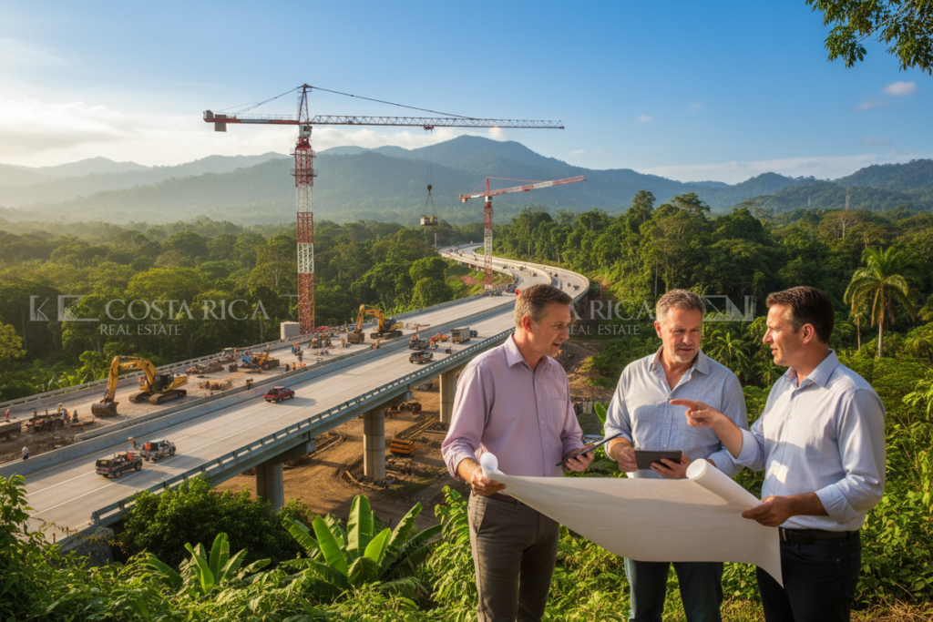 A vibrant scene showcasing modern infrastructure projects in Costa Rica, highlighting new roads, bridges, and residential buildings under construction. In the foreground, a diverse group of Caucasian male professionals in business casual attire (polo/button-down) are discussing plans with blueprints in hand. The middle ground features a partially completed highway with workers operating machinery and cranes, surrounded by lush green landscapes typical of Costa Rica. In the background, mountains rise majestically under a bright blue sky, symbolizing growth and development. Soft, natural lighting enhances the optimism of the scene, capturing the essence of progress in real estate and its effect on property values. The brand name "Costa Rica Real Estate" is subtly integrated into the architectural designs visible in the image.