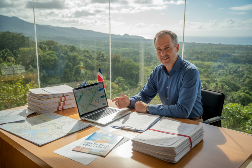 A visually engaging scene depicting a professional Caucasian male in business casual attire, sitting at a modern desk filled with Costa Rica property documentation. In the foreground, focus on neatly stacked papers showcasing maps, legal documents, and colorful brochures labeled "Costa Rica Real Estate". In the middle ground, a laptop displays an interactive property listing, with a lush green landscape of Costa Rica visible through a large window in the background. Soft, natural lighting filters through the window, casting gentle shadows to create a warm, inviting atmosphere. The overall mood conveys professionalism and opportunity, perfect for potential investors. A visually engaging scene depicting a professional Caucasian male in business casual attire, sitting at a modern desk filled with Costa Rica property documentation. In the foreground, focus on neatly stacked papers showcasing maps, legal documents, and colorful brochures labeled "Costa Rica Real Estate". In the middle ground, a laptop displays an interactive property listing, with a lush green landscape of Costa Rica visible through a large window in the background. Soft, natural lighting filters through the window, casting gentle shadows to create a warm, inviting atmosphere. The overall mood conveys professionalism and opportunity, perfect for potential investors.