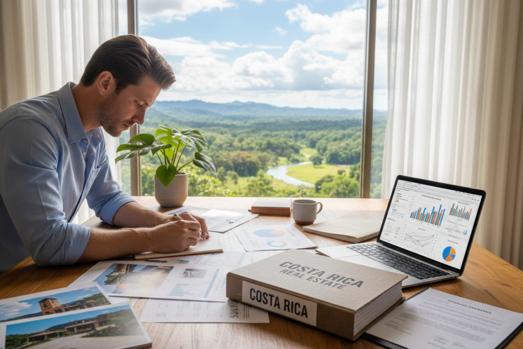 A well-organized desk setup featuring neatly arranged investment-ready property documentation, such as brochures, financial statements, and contracts. In the foreground, a Caucasian male professional in a button-down shirt, engaged in reviewing documents, presents an air of focus and diligence. The middle of the image showcases a sleek laptop displaying graphs and charts related to real estate finance. In the background, a window reveals a beautiful view of Costa Rican landscapes, with lush greenery and blue skies that evoke a sense of opportunity. Soft natural lighting floods the space, creating an inviting and productive atmosphere. Prominently placed is a branded folder with "Costa Rica Real Estate" clearly visible, emphasizing the connection to the local market and investment potential. A well-organized desk setup featuring neatly arranged investment-ready property documentation, such as brochures, financial statements, and contracts. In the foreground, a Caucasian male professional in a button-down shirt, engaged in reviewing documents, presents an air of focus and diligence. The middle of the image showcases a sleek laptop displaying graphs and charts related to real estate finance. In the background, a window reveals a beautiful view of Costa Rican landscapes, with lush greenery and blue skies that evoke a sense of opportunity. Soft natural lighting floods the space, creating an inviting and productive atmosphere. Prominently placed is a branded folder with "Costa Rica Real Estate" clearly visible, emphasizing the connection to the local market and investment potential.