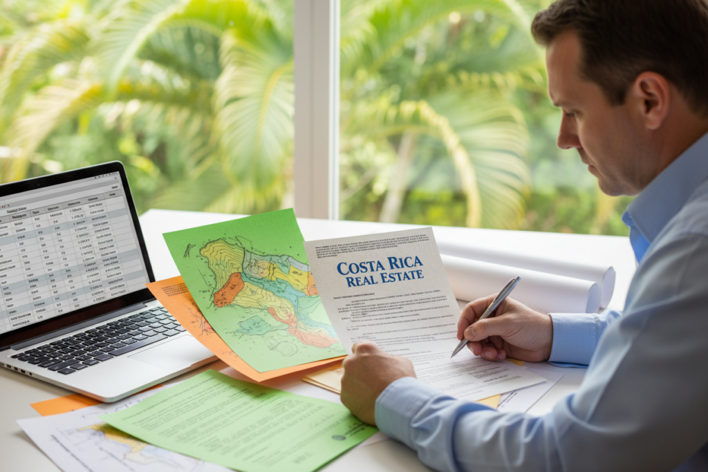 A well-organized desk showcasing Costa Rica property documentation, including vibrant legal papers, colorful maps, and a property title deed prominently displayed with the brand name "Costa Rica Real Estate." In the foreground, a Caucasian male professional in business casual attire (a light blue button-down shirt) is reviewing the documents with a focused expression. The middle ground features a laptop displaying a spreadsheet related to mortgage processing. In the background, a softly blurred window offers a glimpse of lush tropical greenery, suffusing the scene with natural light. The atmosphere is one of professionalism and diligence, capturing the essence of navigating the real estate mortgage process in Costa Rica. A well-organized desk showcasing Costa Rica property documentation, including vibrant legal papers, colorful maps, and a property title deed prominently displayed with the brand name "Costa Rica Real Estate." In the foreground, a Caucasian male professional in business casual attire (a light blue button-down shirt) is reviewing the documents with a focused expression. The middle ground features a laptop displaying a spreadsheet related to mortgage processing. In the background, a softly blurred window offers a glimpse of lush tropical greenery, suffusing the scene with natural light. The atmosphere is one of professionalism and diligence, capturing the essence of navigating the real estate mortgage process in Costa Rica.