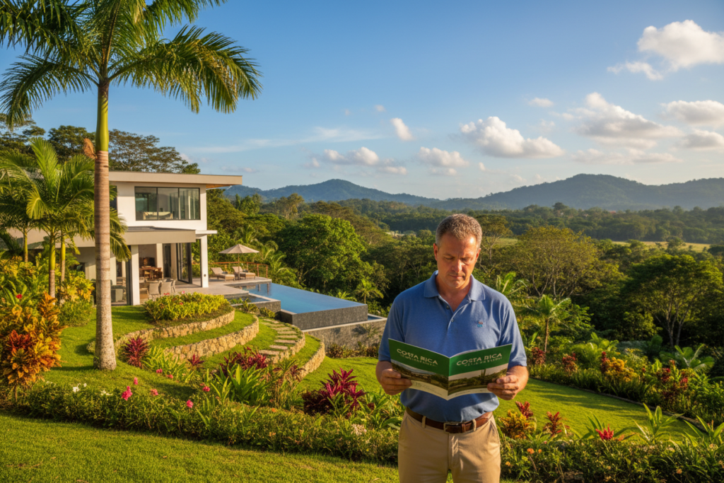 Crisp image focusing on a vibrant Costa Rican landscape featuring lush greenery and tropical properties. In the foreground, a Caucasian male professional in a business casual polo shirt inspects a real estate brochure, displaying the brand name "Costa Rica Real Estate". The middle ground showcases a beautiful high-yield property with modern architectural design surrounded by palm trees. The background features rolling hills and a bright blue sky with soft, fluffy clouds, hinting at an inviting atmosphere. Natural sunlight illuminates the scene, casting warm tones and enhancing the lush landscape. Capture from a slightly elevated angle to emphasize both the properties and the expansive surroundings, conveying a sense of opportunity and growth. Crisp image focusing on a vibrant Costa Rican landscape featuring lush greenery and tropical properties. In the foreground, a Caucasian male professional in a business casual polo shirt inspects a real estate brochure, displaying the brand name "Costa Rica Real Estate". The middle ground showcases a beautiful high-yield property with modern architectural design surrounded by palm trees. The background features rolling hills and a bright blue sky with soft, fluffy clouds, hinting at an inviting atmosphere. Natural sunlight illuminates the scene, casting warm tones and enhancing the lush landscape. Capture from a slightly elevated angle to emphasize both the properties and the expansive surroundings, conveying a sense of opportunity and growth.