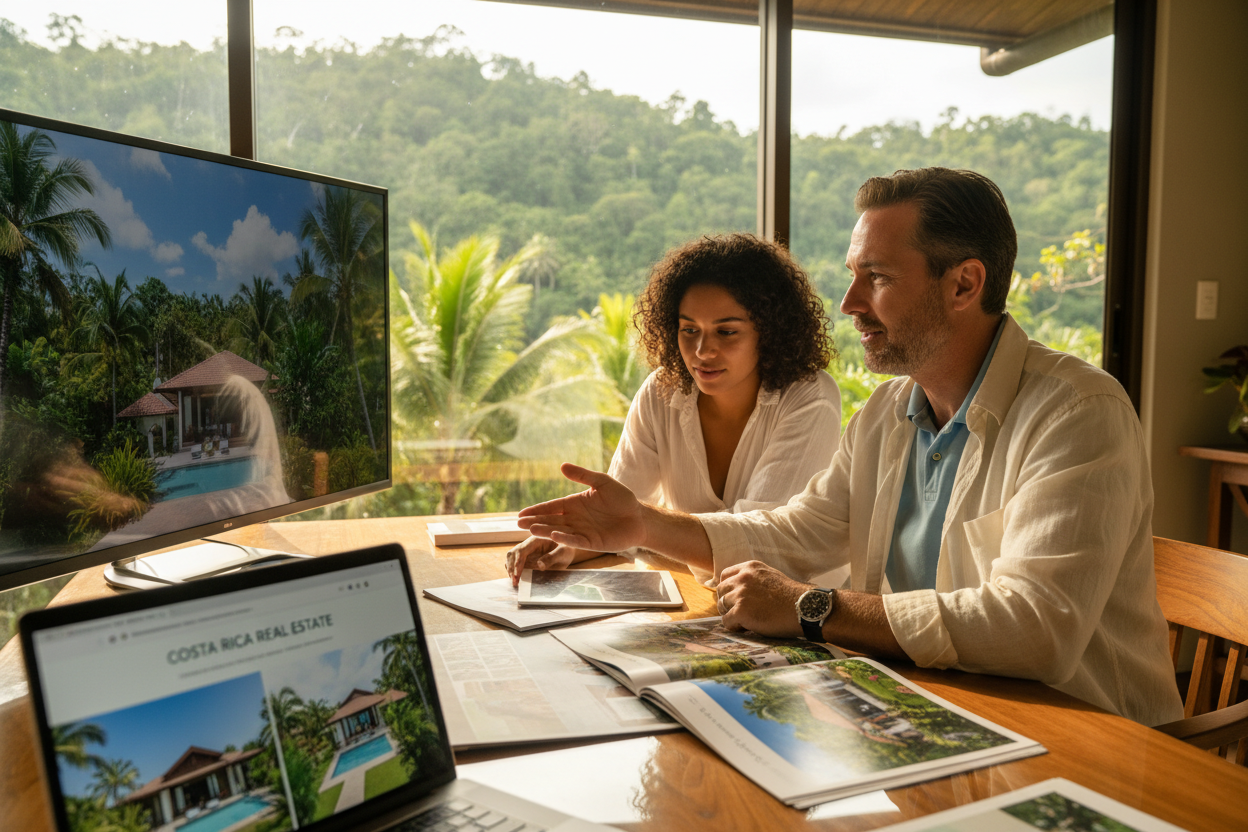 Buyers reviewing Costa Rica property information during due diligence.