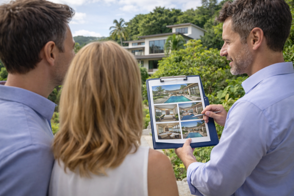 Real estate agent showing property listing details to clients in Costa Rica