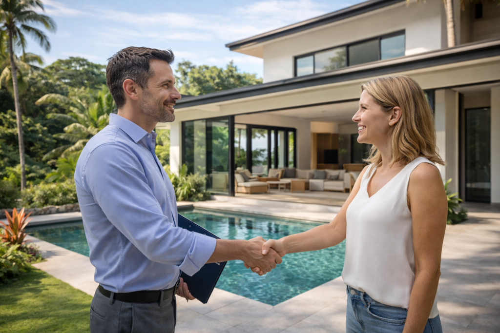 Property owner and real estate agent shaking hands outside a Costa Rica home