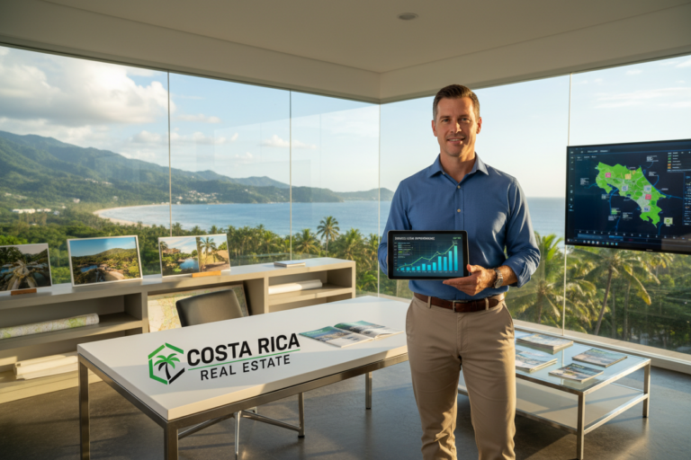 A professional Caucasian male staff member in business casual attire, standing beside a sleek desk adorned with Costa Rica Real Estate branding. In the foreground, the staff member interacts with a digital tablet displaying financial graphs related to bridge loans. In the middle ground, a well-organized office space showcases maps of Costa Rica's real estate market and brochures about financing options. The background features large windows revealing a panoramic view of Costa Rica's lush landscape, with mountains and palm trees under a bright, sunny sky. Soft, natural lighting streams through the windows, creating a welcoming and optimistic atmosphere that reflects the opportunity in bridging the financing gap in Costa Rica's real estate market.