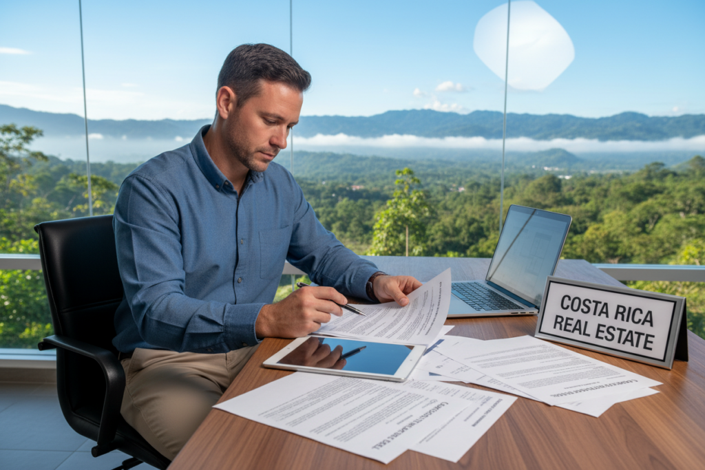 A professional Caucasian male staff member in business casual attire, such as a button-down shirt and chinos, is actively engaged in reviewing property documents at a modern office desk. The background features a large window overlooking a breathtaking Costa Rican landscape with lush greenery and mountains under bright, natural lighting. On the desk, scattered documents include property titles and legal compliance checklists, highlighting the concept of due diligence. A prominently displayed sign reads "Costa Rica Real Estate," symbolizing the brand. The scene conveys a sense of professionalism, trust, and thoroughness, as the staff member meticulously checks the details. The camera is positioned at eye level, capturing the focused expression on the staff member’s face, creating an atmosphere of dedication to ensuring clean titles and compliance in property investments. A professional Caucasian male staff member in business casual attire, such as a button-down shirt and chinos, is actively engaged in reviewing property documents at a modern office desk. The background features a large window overlooking a breathtaking Costa Rican landscape with lush greenery and mountains under bright, natural lighting. On the desk, scattered documents include property titles and legal compliance checklists, highlighting the concept of due diligence. A prominently displayed sign reads "Costa Rica Real Estate," symbolizing the brand. The scene conveys a sense of professionalism, trust, and thoroughness, as the staff member meticulously checks the details. The camera is positioned at eye level, capturing the focused expression on the staff member’s face, creating an atmosphere of dedication to ensuring clean titles and compliance in property investments.