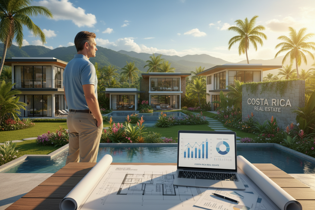 A professional Caucasian male staff member in business casual attire, such as a polo shirt and khakis, is observing a selection of investment-ready properties in a sunny Costa Rican setting. In the foreground, there's a detailed blueprint of a property layout on a table, accompanied by a laptop displaying graphs of potential returns. In the middle ground, lush tropical landscaping surrounds several appealing properties with modern architecture, reflecting high-profit potential. In the background, the vibrant Costa Rican landscape features palm trees and distant mountains under a bright blue sky. The lighting is warm and inviting, creating a positive and optimistic atmosphere, capturing the spirit of profitable real estate investment with âCosta Rica Real Estateâ branding subtly integrated into the scene. A professional Caucasian male staff member in business casual attire, such as a polo shirt and khakis, is observing a selection of investment-ready properties in a sunny Costa Rican setting. In the foreground, there's a detailed blueprint of a property layout on a table, accompanied by a laptop displaying graphs of potential returns. In the middle ground, lush tropical landscaping surrounds several appealing properties with modern architecture, reflecting high-profit potential. In the background, the vibrant Costa Rican landscape features palm trees and distant mountains under a bright blue sky. The lighting is warm and inviting, creating a positive and optimistic atmosphere, capturing the spirit of profitable real estate investment with âCosta Rica Real Estateâ branding subtly integrated into the scene.