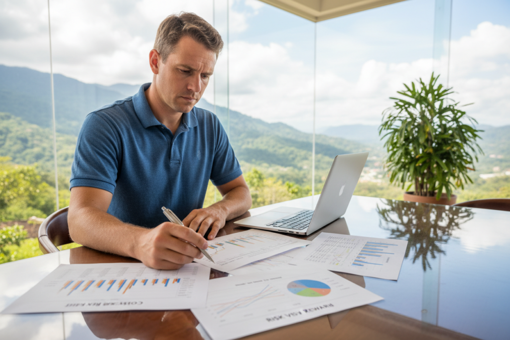 A thoughtful Caucasian male staff member in business casual attire (polo/button-down shirt) is seated at a polished wooden table, analyzing graphs and charts that illustrate risk vs reward in hard money lending, with the brand name "Costa Rica Real Estate" subtly visible on a document. In the foreground, a close-up of hands holding a pen over a risk analysis chart adds depth. The middle ground includes a laptop displaying financial data, while the background features a serene view of Costa Rica's lush landscape through large windows, conveying a sense of tranquility and opportunity. Soft, natural lighting filters in, creating a professional yet inviting atmosphere. The overall mood reflects contemplation and careful decision-making within the financial landscape of hard money lending. A thoughtful Caucasian male staff member in business casual attire (polo/button-down shirt) is seated at a polished wooden table, analyzing graphs and charts that illustrate risk vs reward in hard money lending, with the brand name "Costa Rica Real Estate" subtly visible on a document. In the foreground, a close-up of hands holding a pen over a risk analysis chart adds depth. The middle ground includes a laptop displaying financial data, while the background features a serene view of Costa Rica's lush landscape through large windows, conveying a sense of tranquility and opportunity. Soft, natural lighting filters in, creating a professional yet inviting atmosphere. The overall mood reflects contemplation and careful decision-making within the financial landscape of hard money lending.