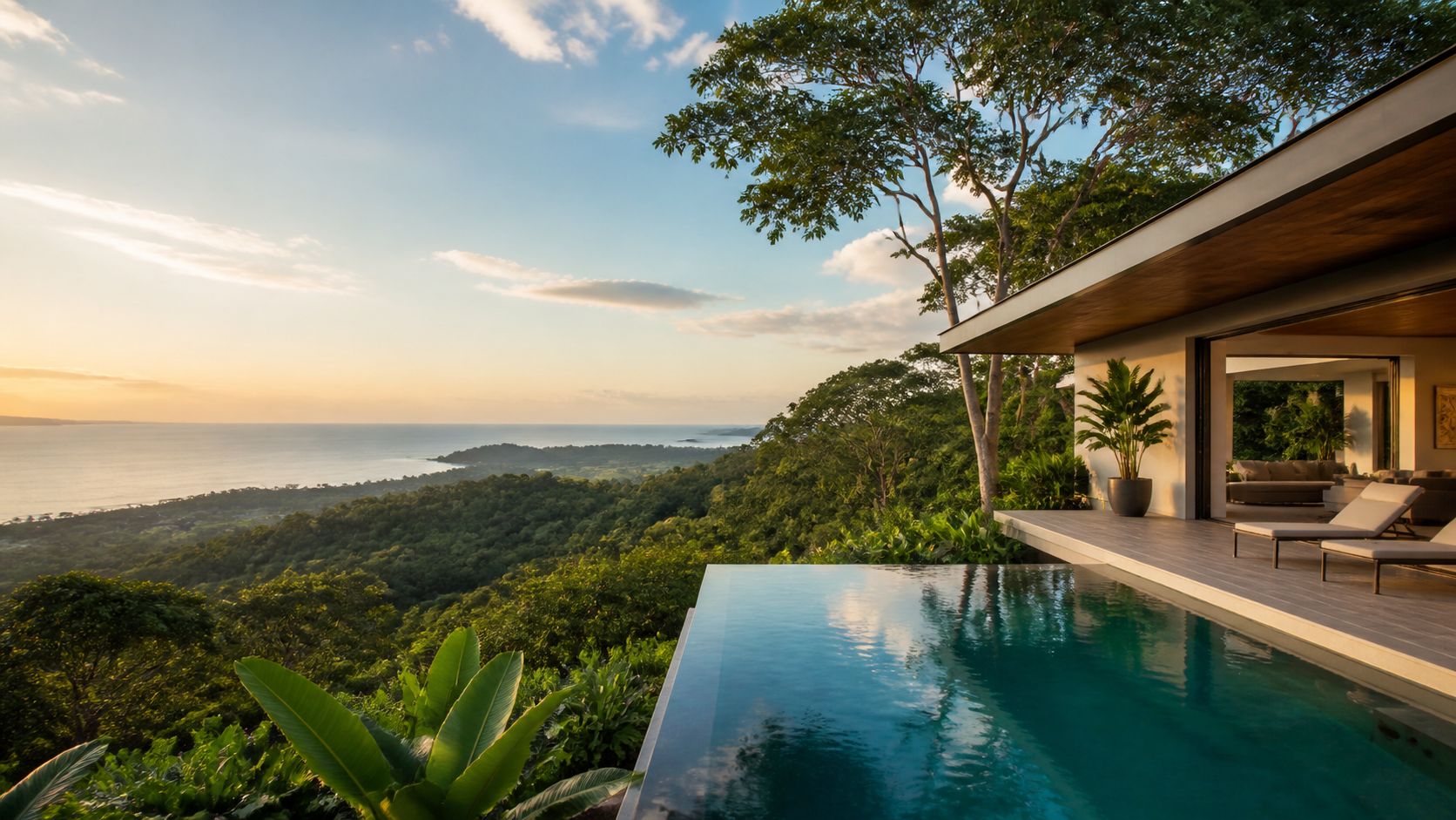 Modern Costa Rica villa with infinity pool overlooking the coast.