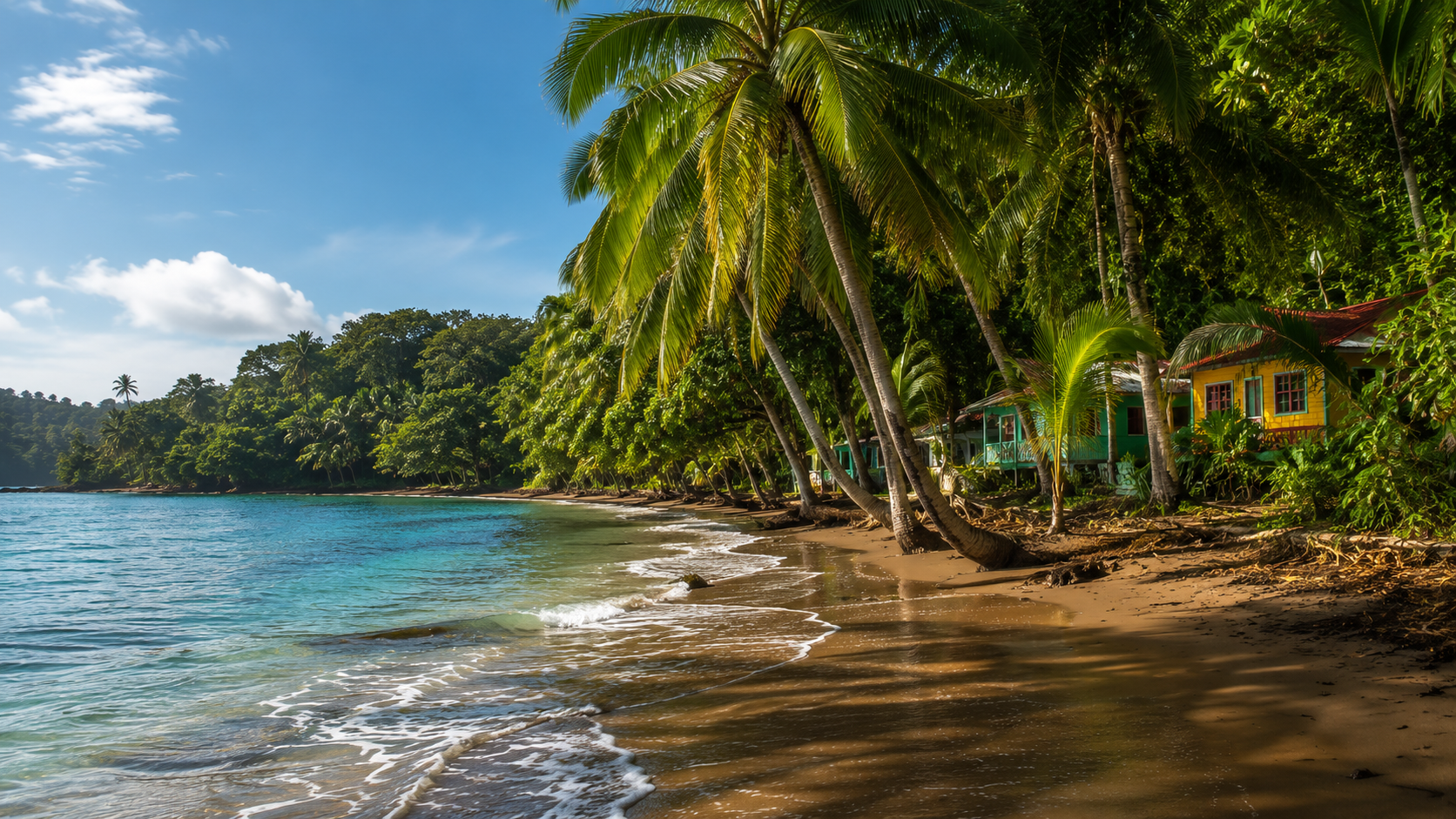 A sunny Guanacaste beach with dry tropical forest and Pacific coastline.