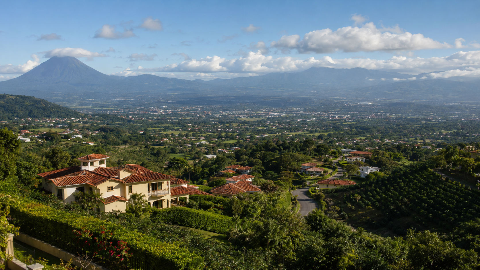 Costa Rica's Central Valley with established communities, green hills and mountain views.