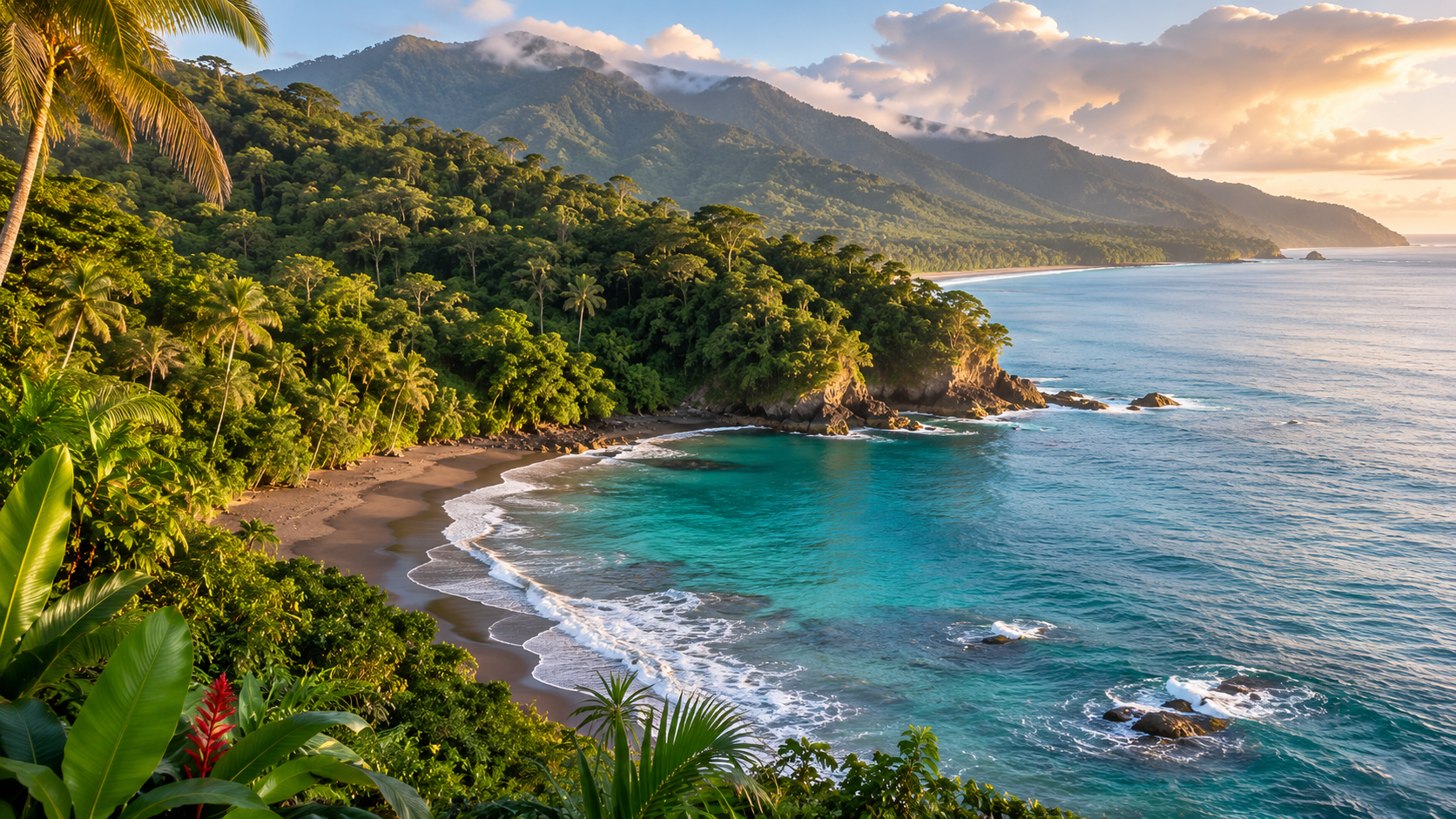 Lush rainforest meeting the secluded South Pacific coast of Costa Rica.