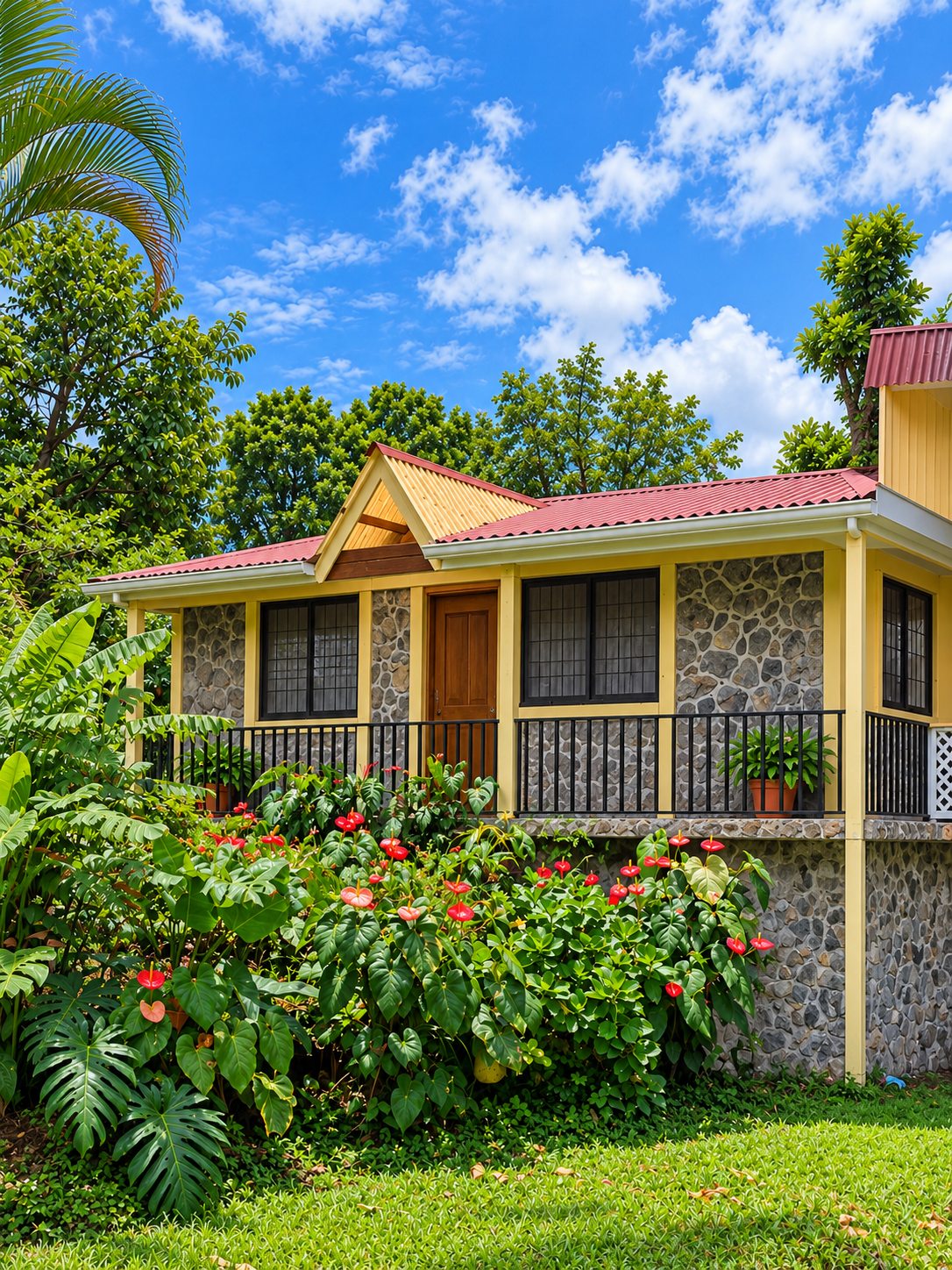 Stone-walled house with railed porch and red anthurium flowers in Bijagua