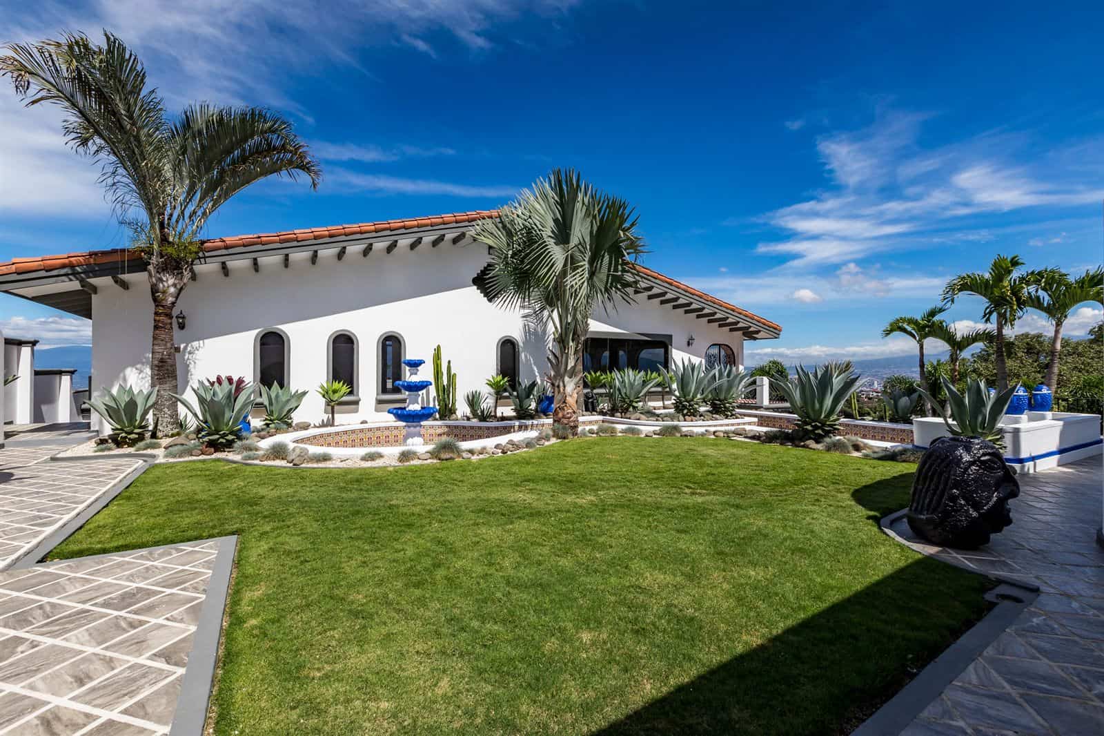 Lawn and palms in front of the house