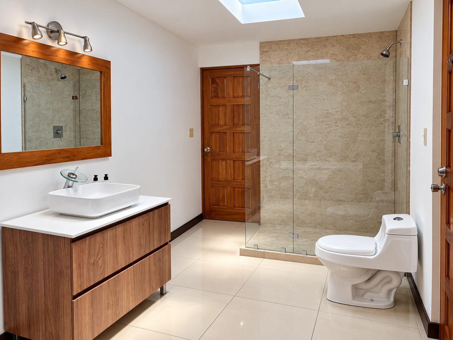 Bathroom with vessel sink, glass shower and skylight