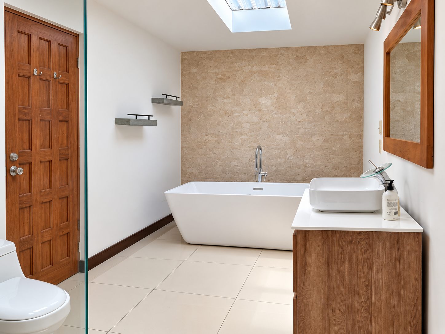 Bathroom with a soaking tub and wooden vanity