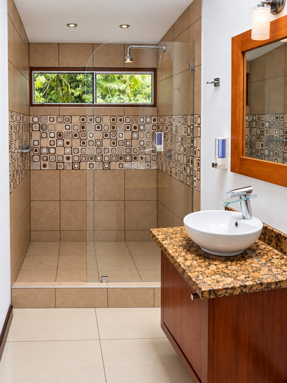 Bathroom with a tiled walk-in shower and vessel sink