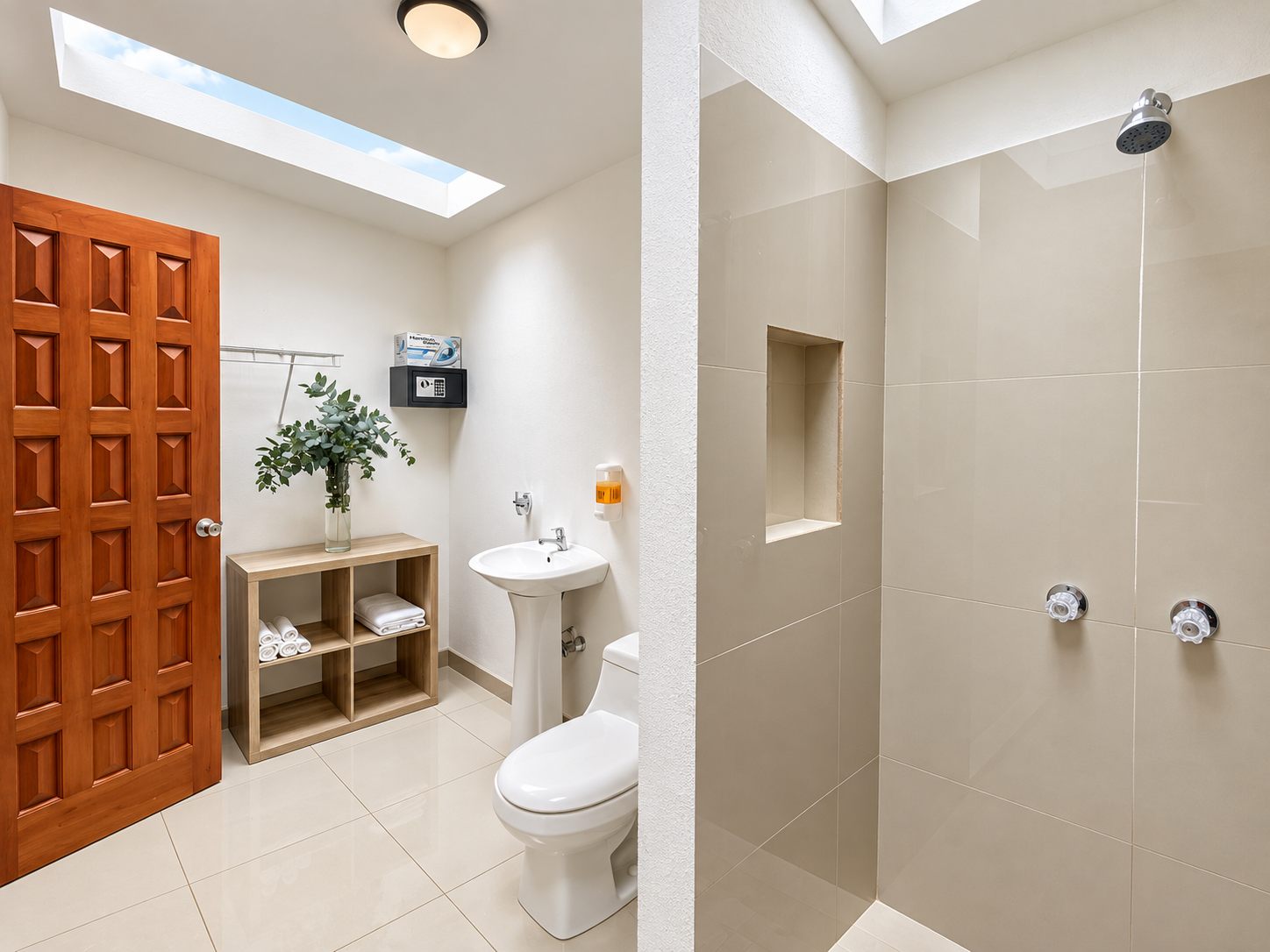 Bathroom with skylight and walk-in shower