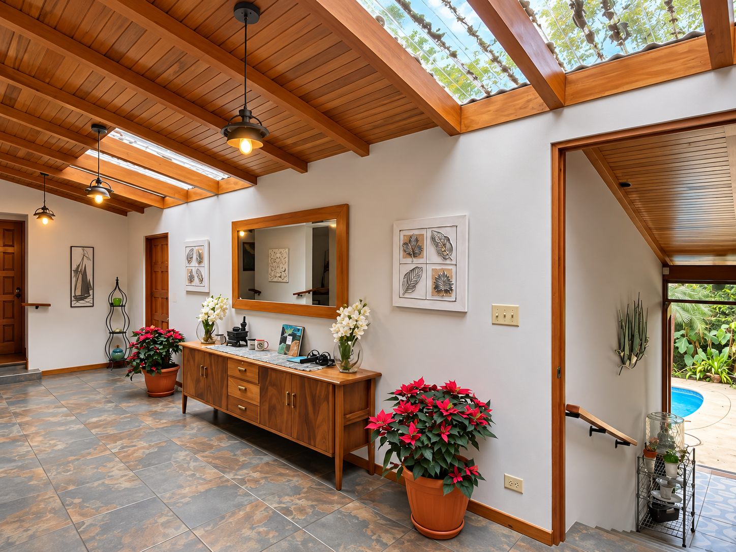 Foyer with skylights, sideboard and plants, opening toward the pool