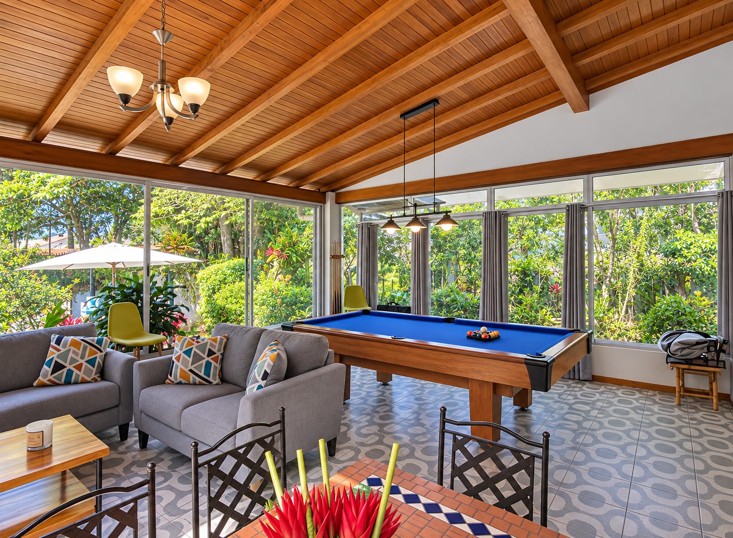 Pool table and lounge in the garden room