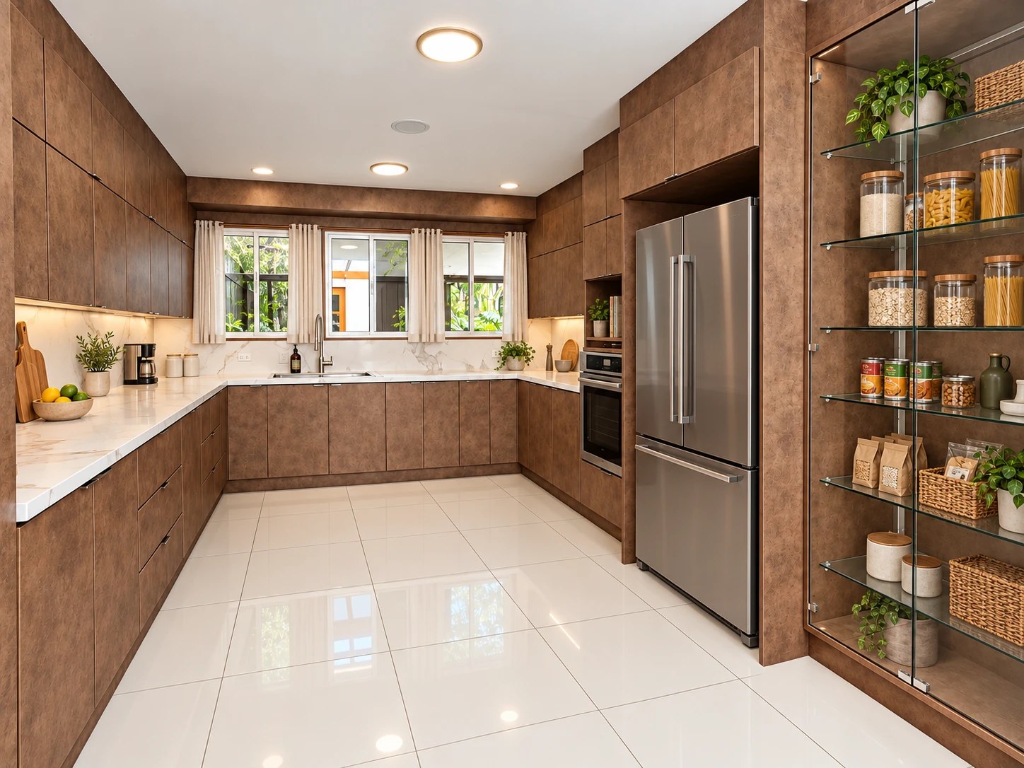 U-shaped kitchen with stone countertops, French-door refrigerator and glass pantry shelves