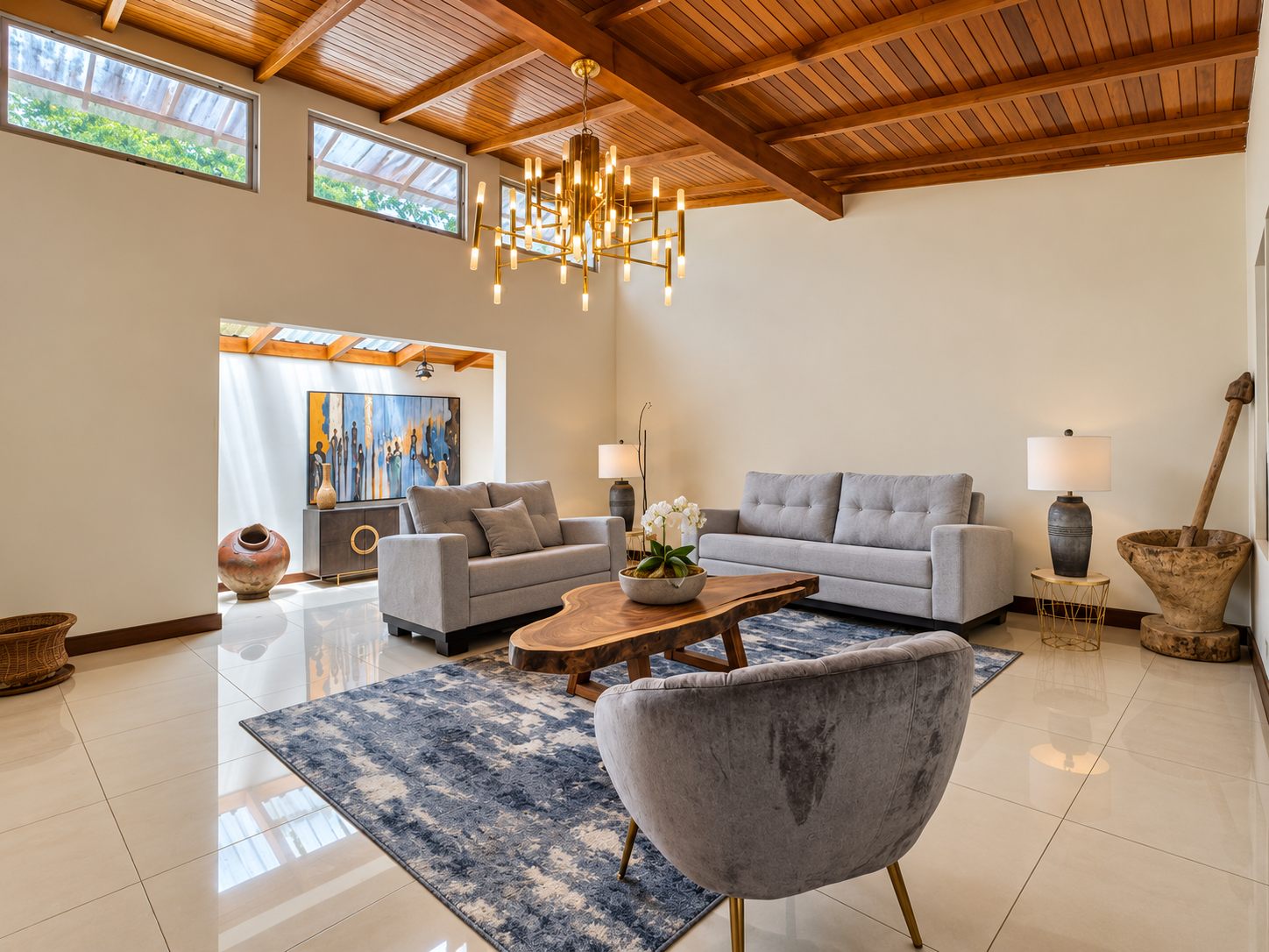 Living room with sofas and chandelier