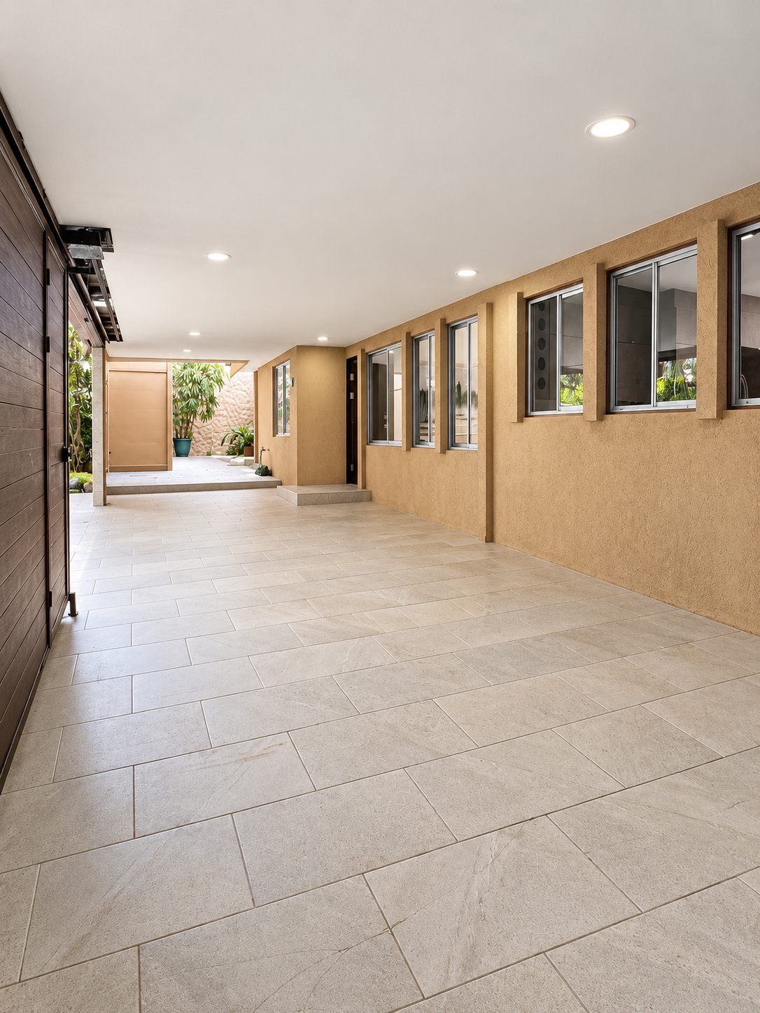 Long tiled hallway