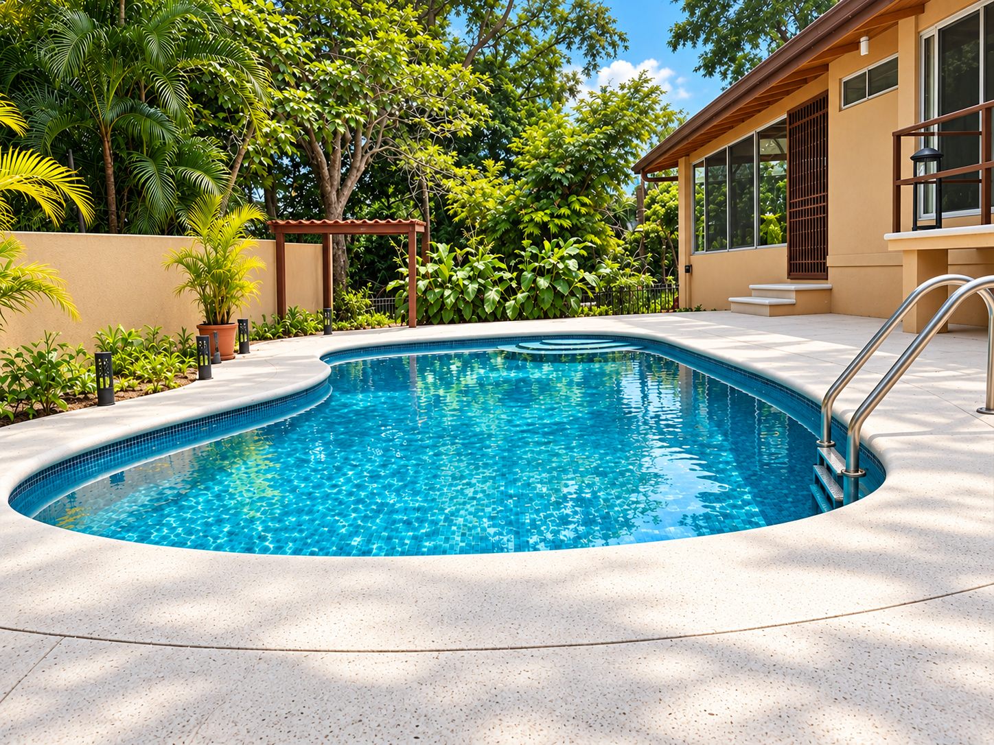 Pool surrounded by palms and garden
