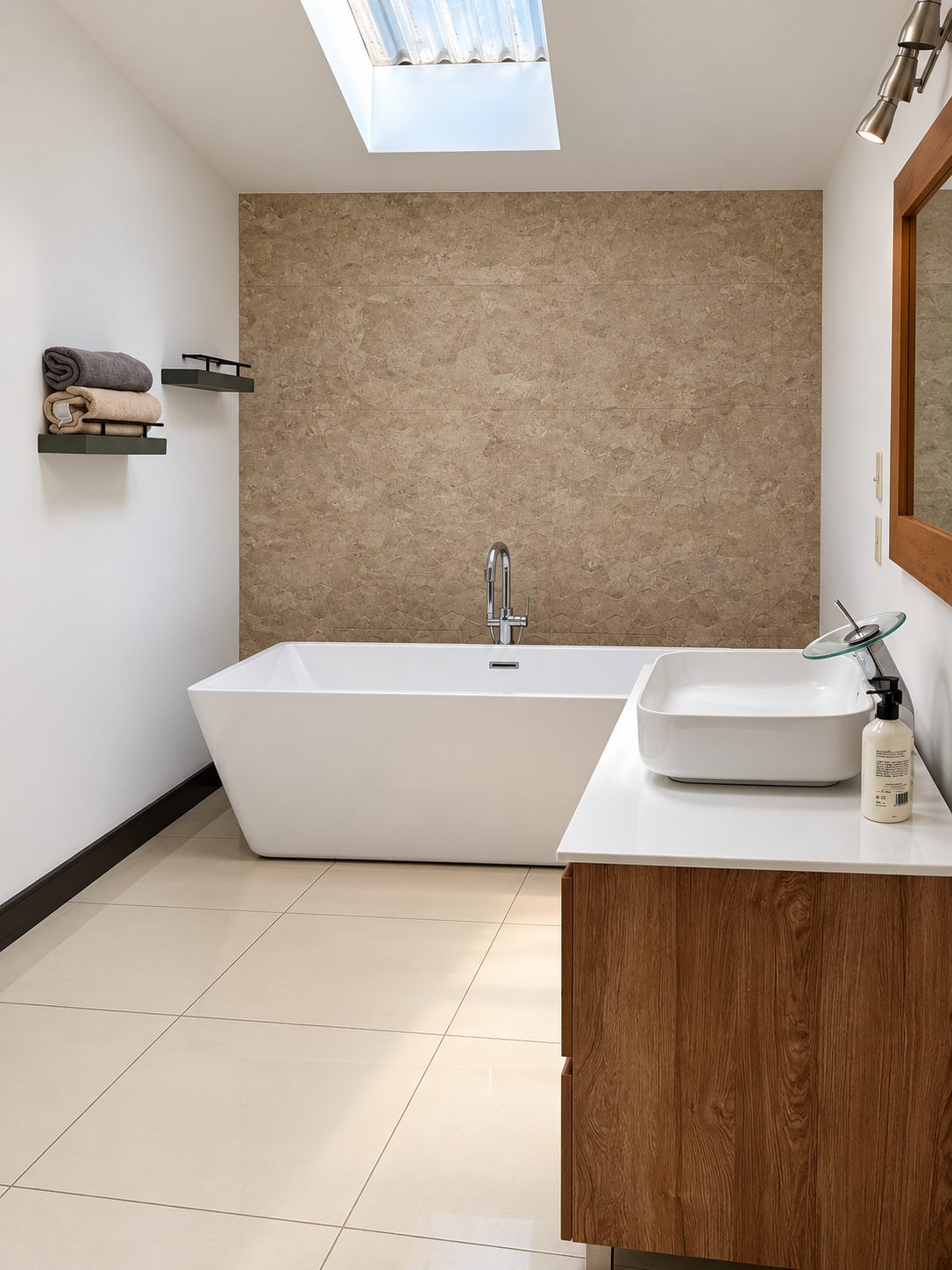 Bathroom with a freestanding soaking tub and skylight