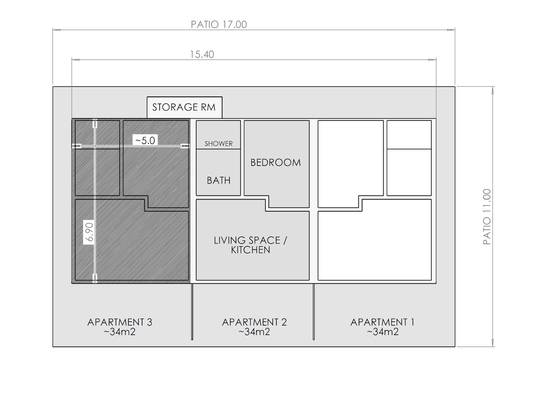 Floor plan: three apartments of about 34 m2 each