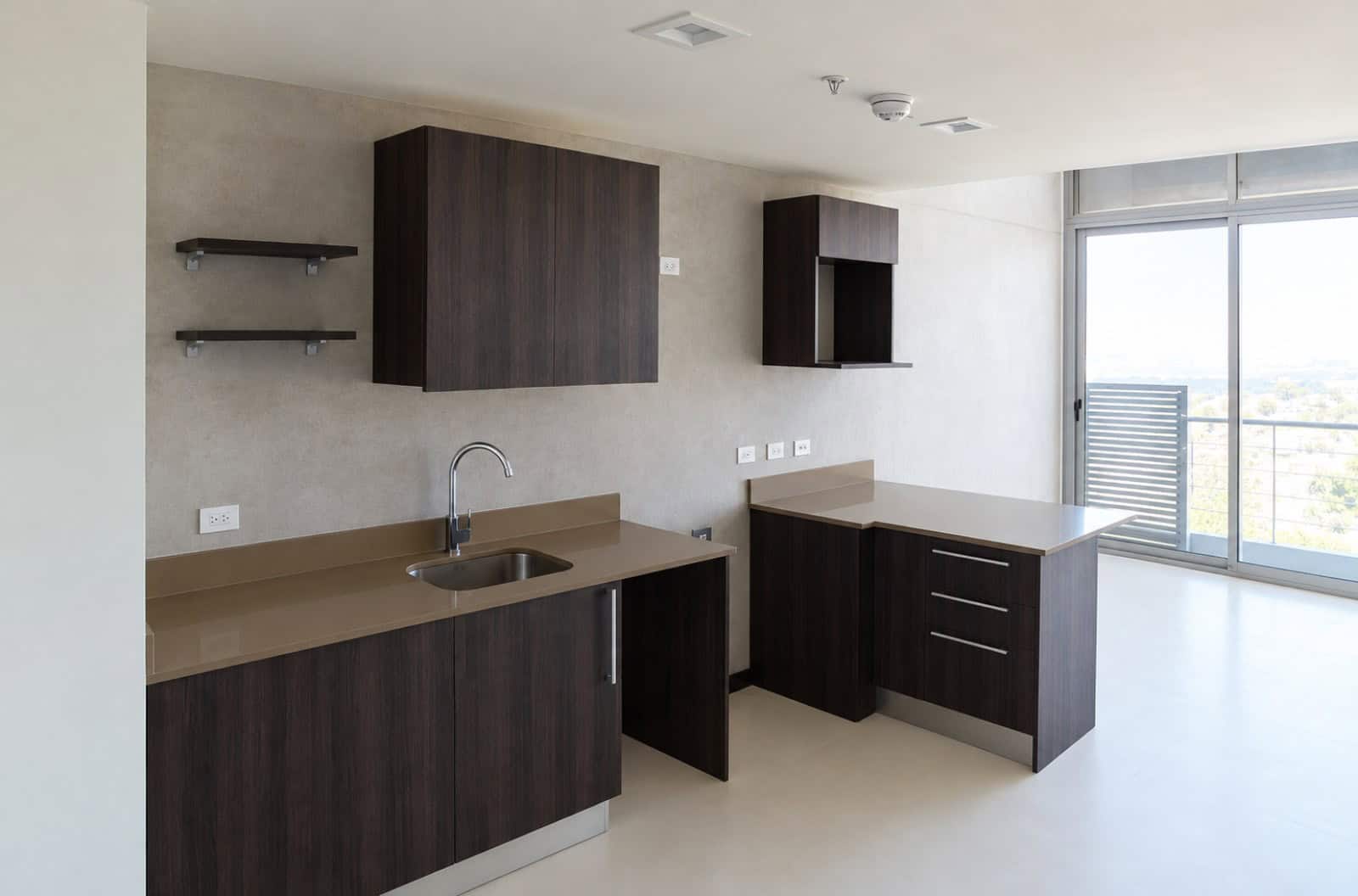 Loft kitchen with quartz counters