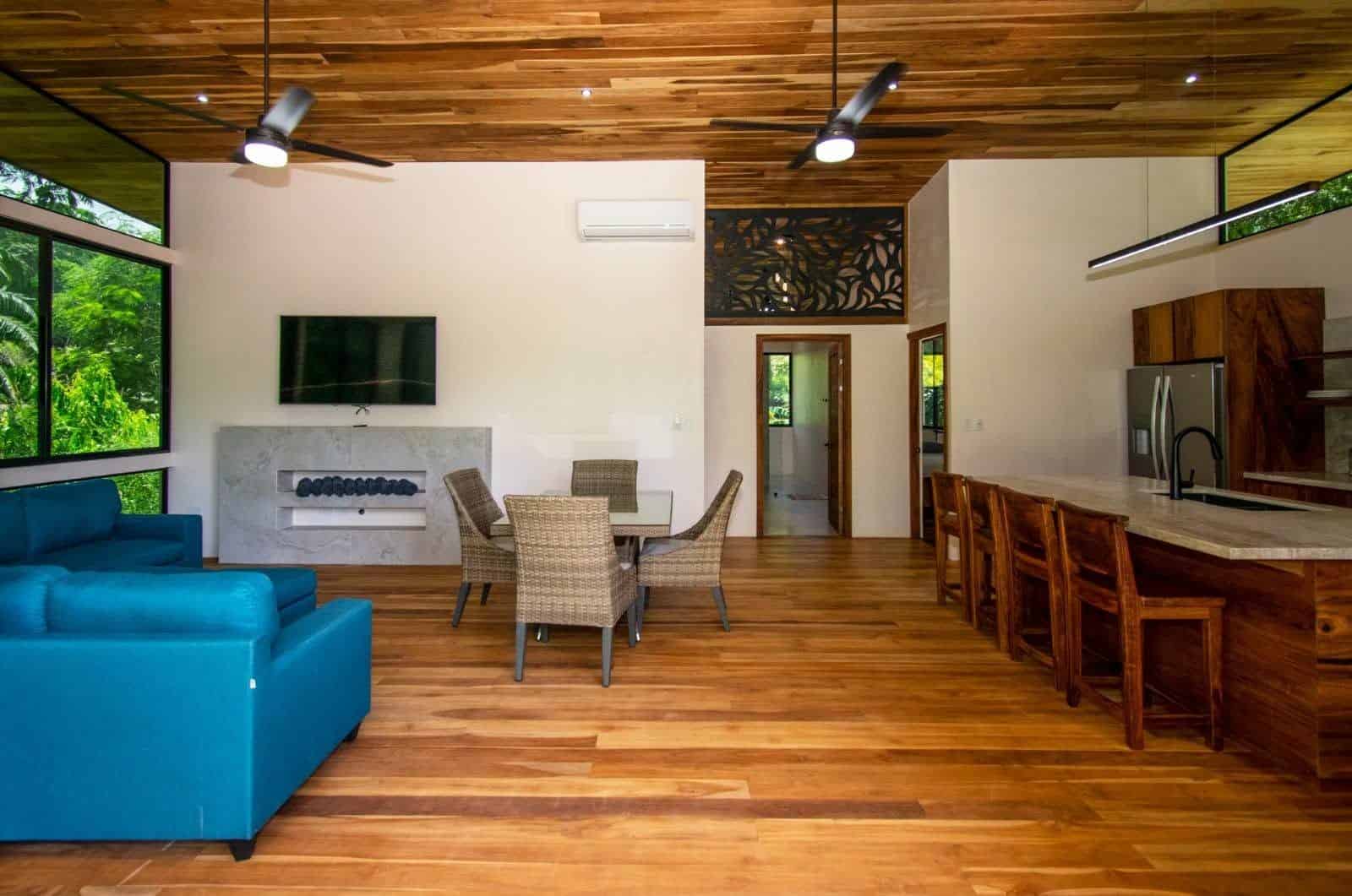 Living and dining with 4.5 m ceilings, Uvita riverfront duplex for sale
